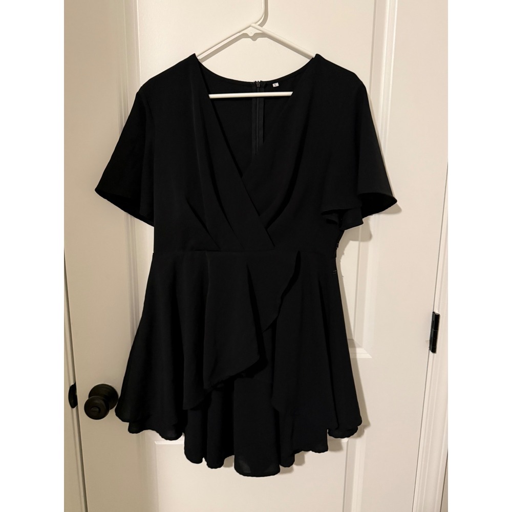 Unbranded Black Flutter Sleeve V-Neck Peplum Ruffle Mini Dress Size L